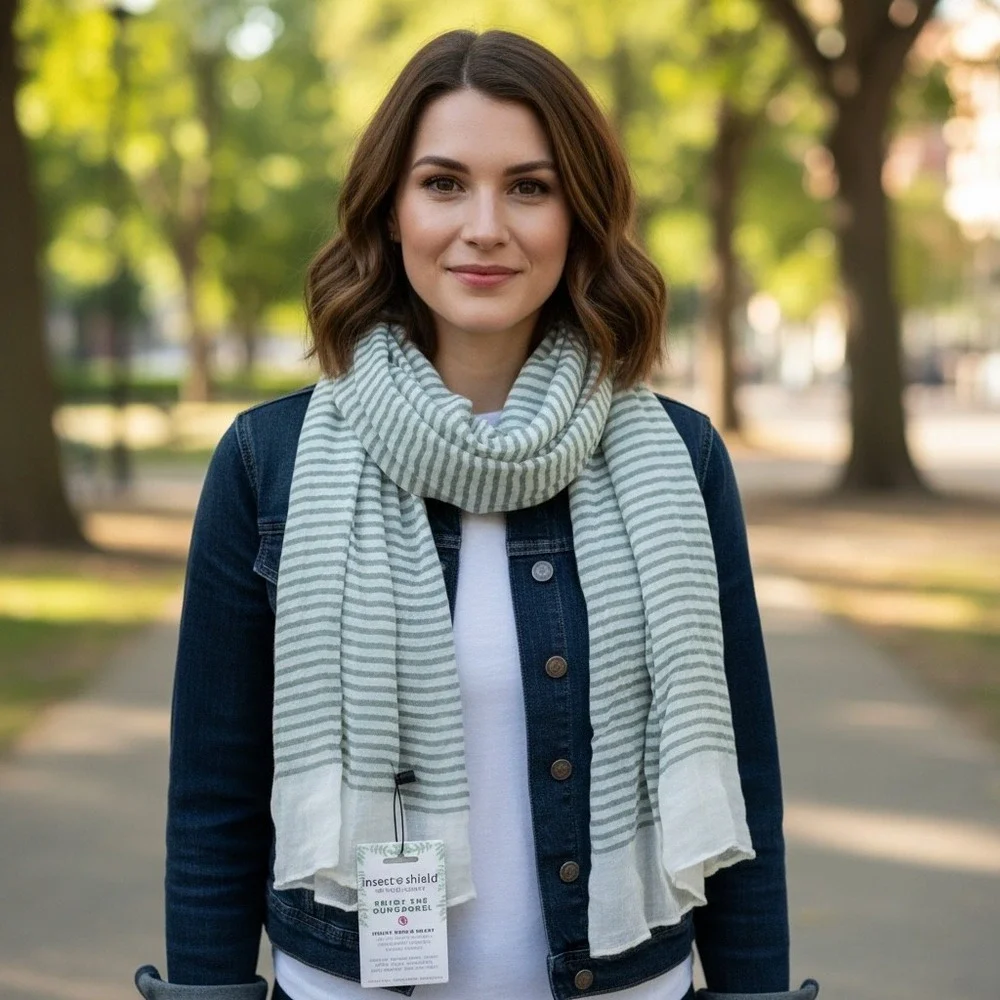 Hadley Wren Insect Shield Scarf Green White Striped Repellent Apparel NWT